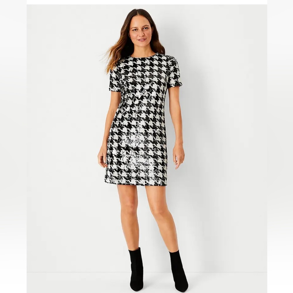 ANN TAYLOR Petite Sequin Houndstooth T-Shirt Dress 6P $189 NWT